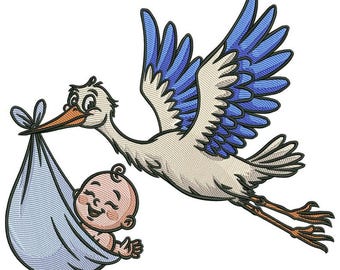 Disegno da ricamo con cicogna e bambino, motivo per parto di un neonato, annuncio di nascita, file digitale per baby shower