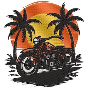 May include: Embroidered design featuring a motorcycle parked on a beach at sunset. The motorcycle is black and orange, with palm trees on either side. The sun is a gradient of orange and yellow.