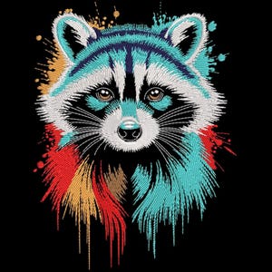 May include: Embroidered raccoon design with a black background. The raccoon features teal, white, and black fur with brown eyes. Splashes of red, orange, and teal surround the raccoon's face, creating a colorful, artistic effect.