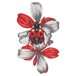 May include: A detailed embroidery design featuring a red ladybug with black spots, perched on a flower with red and gray petals. The ladybug has a black head and is centered on the white background.