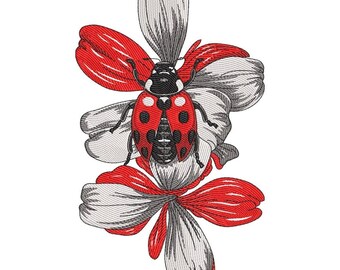 Ladybug on Flower Embroidery Design, Modern Insect Floral Pattern, Machine Embroidery File, Spring Garden Motif, DIY Sew Project