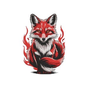 Puede incluir: Un diseño de bordado que presenta un zorro rojo y blanco con detalles en negro, posicionado frente a llamas rojas estilizadas. El zorro tiene ojos de color ámbar y se muestra en una pose sentada con su cola tupida enroscada en sus patas.