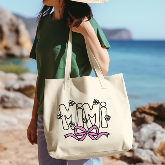 Mimi Name Embroidery Design, Daisy Accents, Pink Ribbon Bow, Satin