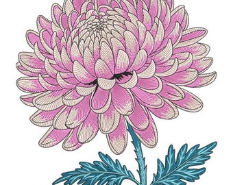 Pink Chrysanthemum Flower Embroidery Design, Elegant Floral Machine Embroidery File, Botanical Line Art Pattern