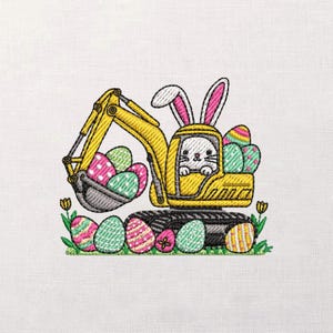 May include: Embroidered design of a yellow excavator with a bunny in the driver's seat, scooping up colorful Easter eggs. The design includes green grass, tulips, and more decorated eggs.