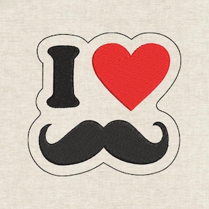 May include: Embroidered patch with the phrase "I ♥ Mustache". The design features a black "I", a red heart, and a black mustache. The patch has a white border and is on a beige fabric background.