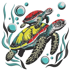 May include: An embroidered design featuring two sea turtles swimming in the ocean. The larger turtle has a yellow and red shell, while the smaller turtle is on top with a red shell. Bubbles and seaweed complete the aquatic scene.
