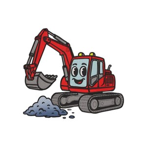 Peut inclure: Un motif de broderie représentant une pelleteuse rouge de dessin animé avec un visage souriant, de grands yeux et un godet gris. L'engin de chantier est placé à côté d'un petit tas de terre grise, avec des coutures détaillées et des contours noirs.