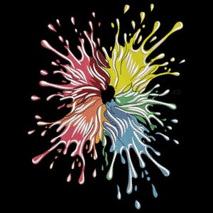 May include: Embroidered design of a colorful splash on a black background. The splash is composed of red, orange, yellow, green, and blue sections, with white highlights. The design is likely for apparel or home decor.