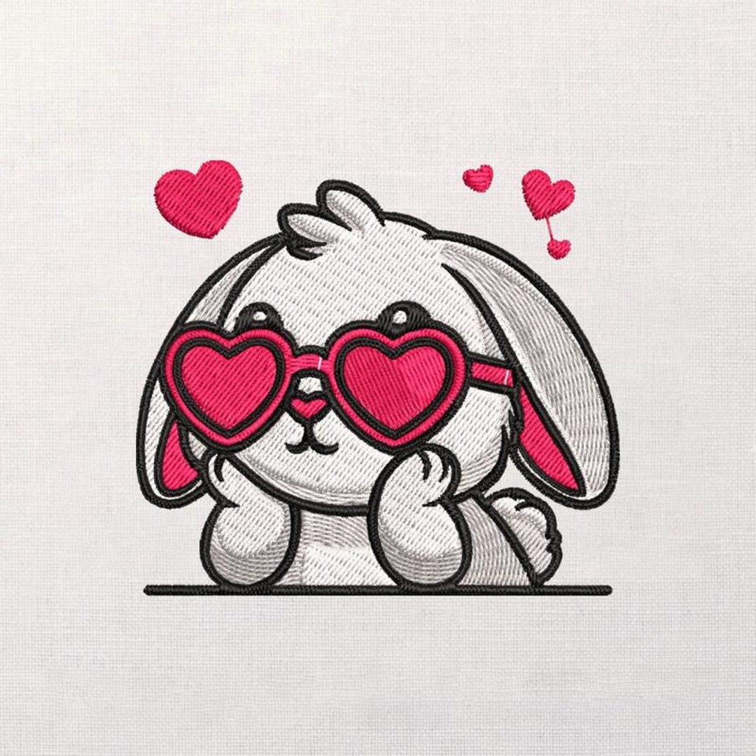 Bunny With Heart Glasses Embroidery Design, Love Rabbit Stitch Pattern ...