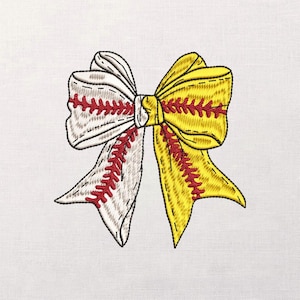 Könnte beinhalten: Gesticktes Schleifendesign, halb weiß mit roten Nähten wie ein Baseball und halb gelb mit roten Nähten wie ein Softball. Die Schleife ist auf einem weißen Hintergrund zentriert.