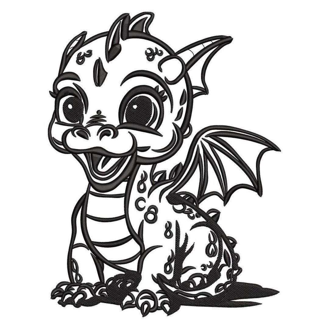 Cute Baby Dragon Embroidery Design, Playful Cartoon Dragon