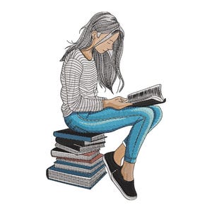 May include: An embroidered design of a person with long gray hair reading a book while sitting on a stack of books. The person is wearing a striped shirt, blue jeans, and black shoes. The books are various colors.