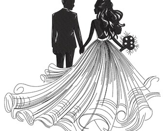 Disegno da ricamo per coppia di sposi, silhouette di sposa elegante che tiene un bouquet, disegno lineare con vista posteriore, file di ricamo digitale per macchina