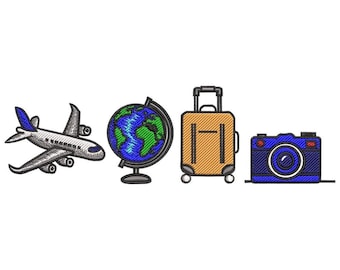 Travel Icons Embroidery Design Set, Airplane Globe Suitcase Camera, Vacation Themed Digital Stitch File