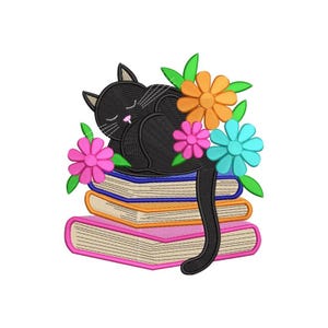 May include: An embroidery design featuring a black cat with closed eyes sleeping on a stack of three books. The cat is surrounded by colorful flowers in shades of orange, pink, and light blue, with green leaves accenting the floral arrangement.