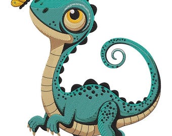 Uroczy wzór haftu dinozaura i motyla, plik do haftu maszynowego dla dzieci dinozaurów, wzór ściegu z kreskówkowym dinozaurem, haft zwierząt dla dzieci