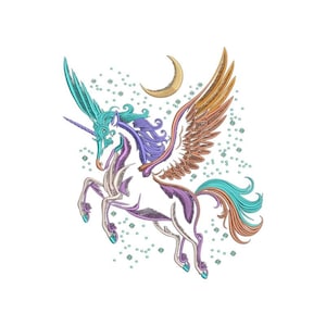 May include: An embroidered design of a winged unicorn in flight, featuring a purple body, teal mane, and orange wings. The creature is surrounded by small teal stars and a golden crescent moon, rendered with detailed stitching and vibrant colors.