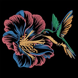 Hummingbird Hibiscus Embroidery Design, Tropical Floral Bird Machine Stitch Pattern, Vibrant Outline Satin Applique File