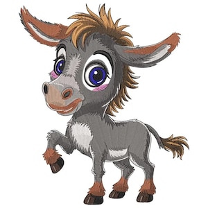 May include: A cartoon-style donkey with large blue eyes, pink cheeks, and a friendly expression. The donkey is primarily gray with brown accents on its ears, mane, and hooves. It is standing with one leg raised, giving a playful appearance.