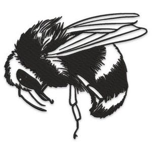 May include: A detailed black and white illustration of a bumblebee. The bee is depicted in a side view, with its wings slightly spread. The design highlights the bee's fuzzy body and striped pattern.