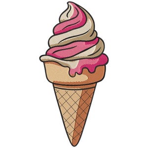 以下が含まれることがあります： ピンクと白のソフトクリームが渦巻く、カラフルなアイスクリームコーン。アイスクリームはコーンの縁から滴り落ちています。コーンはワッフル模様の薄茶色です。