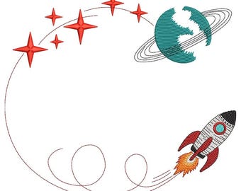 Diseño de bordado de cohete y planeta, motivo de estrellas espaciales, archivo de bordado a máquina del espacio exterior para niños