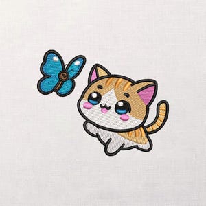 May include: An embroidered design featuring a cartoon cat with orange and white fur, pink ears and cheeks, and large blue eyes. A blue butterfly with brown accents hovers nearby. The design is on a white background.