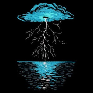 May include: An embroidered design featuring a blue cloud with a white lightning bolt striking a body of water. The water reflects the lightning and cloud against a black background. The design has a vintage, illustrative style.