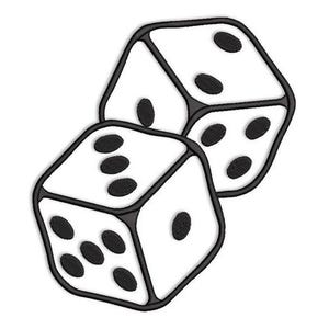May include: Two white dice with black spots, each outlined in black. One die shows three spots, the other shows five spots. The dice are slightly overlapping, set against a plain white background.