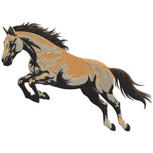 May include: An embroidered image of a horse in mid-leap. The horse has a tan body with darker brown and black accents, including the mane, tail, and legs. The design is detailed, with a textured appearance.