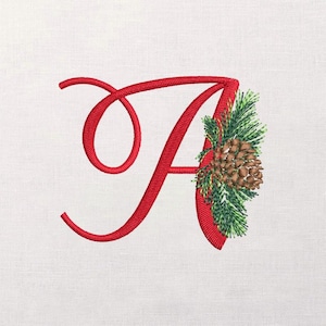 Diseño de bordado festivo de la letra A, monograma de piña, alfabeto navideño, patrón de costura invernal