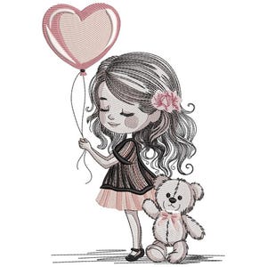 Könnte beinhalten: Gesticktes Design eines Mädchens, das einen herzförmigen Ballon hält und neben einem Teddybären steht. Das Mädchen trägt ein schwarzes Kleid mit einem rosa Rock und eine rosa Blume im Haar. Der Teddybär hat eine rosa Schleife.