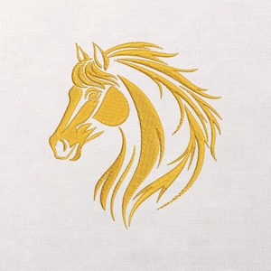May include: A golden yellow embroidered horse head design on a white background. The horse's profile is stylized with flowing mane details. The embroidery is detailed and appears to be on a textured fabric, suitable for equestrian-themed crafts.