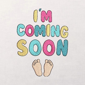 Coming Soon Baby Feet Embroidery Design, Playful Pastel Lettering, Pregnancy Announcement Patch, Machine Embroidery File