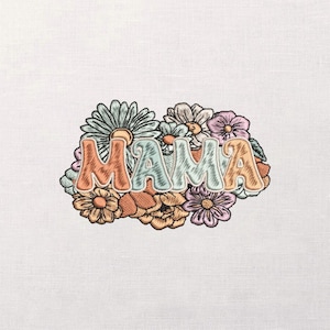 May include: Embroidered floral design with the word "MAMA" in orange, light blue, and peach. The flowers are in shades of orange, peach, pink, and light blue. The design is on a white background.