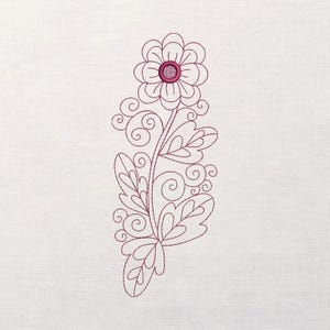 Whimsical Flower Embroidery Design, Single-Color Floral Outline, Swirl Vine Line Art, Leafy Motif For Towels Quilts Bags