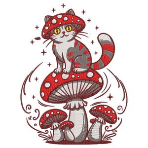 May include: A whimsical illustration of a cat wearing a mushroom hat, perched atop a large mushroom. The cat has gray and red stripes, yellow eyes, and a matching striped tail. Additional mushrooms and stars surround the central image.