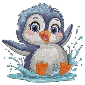 May include: Embroidered image of a cartoon penguin splashing in water. The penguin has blue and white feathers, orange feet, and a pink blush on its cheeks. The penguin is surrounded by water droplets.