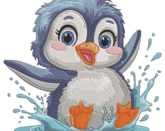 Cute Penguin Splash Embroidery Design, Cartoon Animal Machine Embroidery File, Playful Penguin Applique, Digital Needlework Pattern