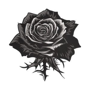 May include: A detailed black and white illustration of a rose. The rose is depicted in full bloom, with intricate shading and texture. The stem features thorns, adding a touch of contrast to the delicate petals. The image is set against a white background.