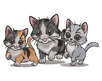 Adorable Kittens Embroidery Design Trio, Cartoon Cat Machine Stitch, Multicolor Feline Motif Pattern