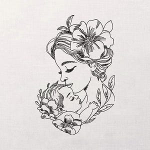 Può includere: Disegno a tratto nero e bianco di una madre che bacia un bambino. La madre ha fiori tra i capelli e il bambino è rannicchiato tra le sue braccia, circondato da elementi floreali. L'immagine è su sfondo bianco.
