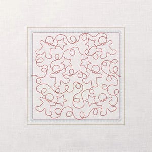 Peut inclure: Un panneau de tissu carré blanc cassé présente un motif répété d'hommes en pain d'épices et d'étoiles rouges, reliés par des lignes fluides. Le motif est enfermé dans une bordure carrée cousue, créant un textile sur le thème des fêtes.