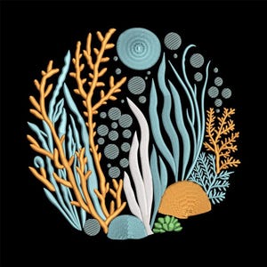 May include: An embroidered design featuring a circular arrangement of coral and aquatic plants. The design includes orange, white, and light blue coral, along with various sea plants and circular accents, all set against a black background.