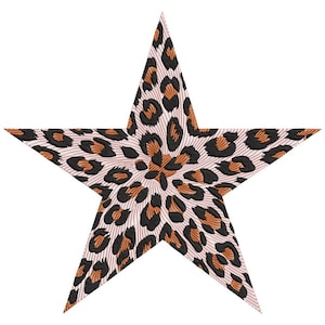 May include: A five-pointed star with a leopard print design. The star features a light pink background with black and brown spots, creating a textured appearance. The design is centered, with the spots radiating outwards.