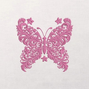 May include: A pink embroidered butterfly design with intricate floral patterns. The butterfly has detailed wings and antennae, with small flower accents. The design is set against a white background, creating a striking contrast.