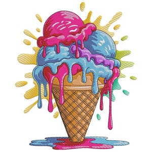 Peut inclure: Illustration colorée d'un cornet de glace avec trois boules. Les boules sont roses, bleues et violettes, avec de la glace qui coule. Le cornet est marron, avec des éclaboussures jaunes et vertes autour.
