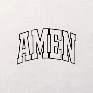 Pode incluir: Um fundo branco com a palavra "AMEN" bordada em preto, com letras de bloco. As letras são arqueadas e têm um estilo universitário. O tecido tem uma textura subtil.