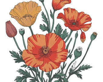California Poppy Embroidery Design, Meadow Blooms Machine Embroidery File, Botanical Sketch Stitch, Digital Floral Motif